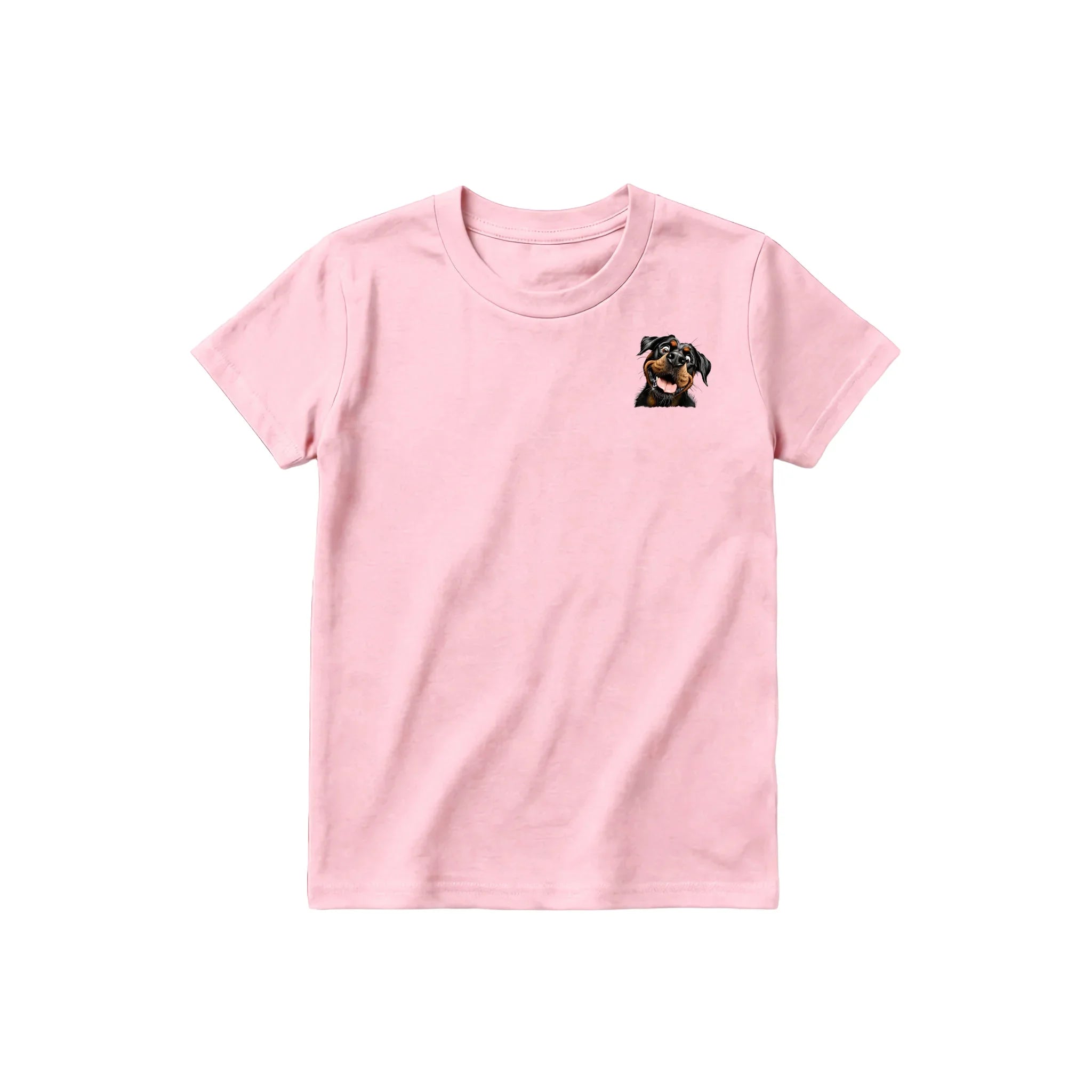 A pink short-sleeve crewneck t-shirt for youth featuring a graphic of a dog on the left chest.