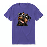 A purple short-sleeve crewneck t-shirt for adult featuring a graphic of a dog on the front.