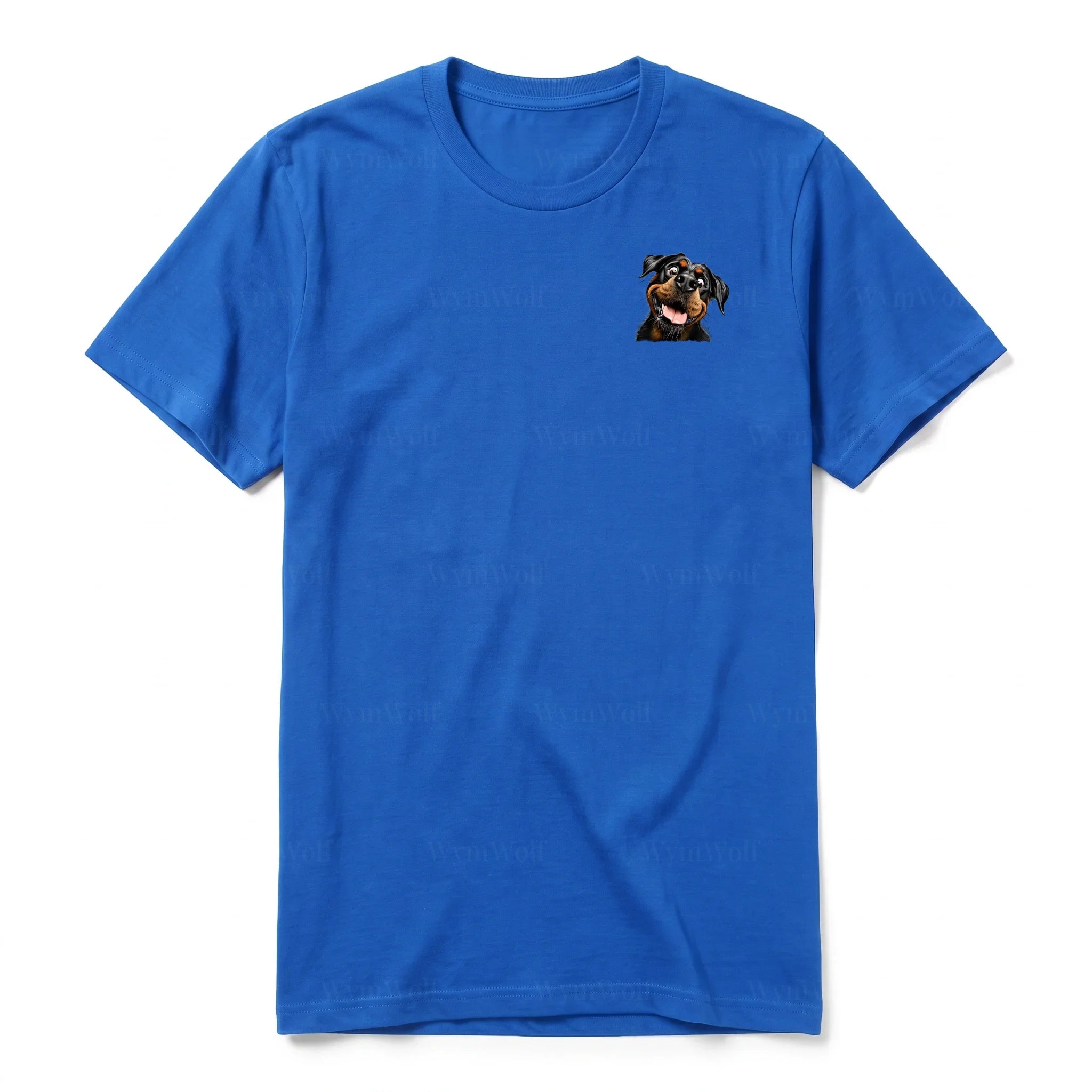 A royal short-sleeve crewneck t-shirt for adult featuring a graphic of a dog on the left chest.
