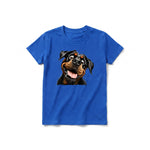 A royal short-sleeve crewneck t-shirt for youth featuring a graphic of a dog on the front.