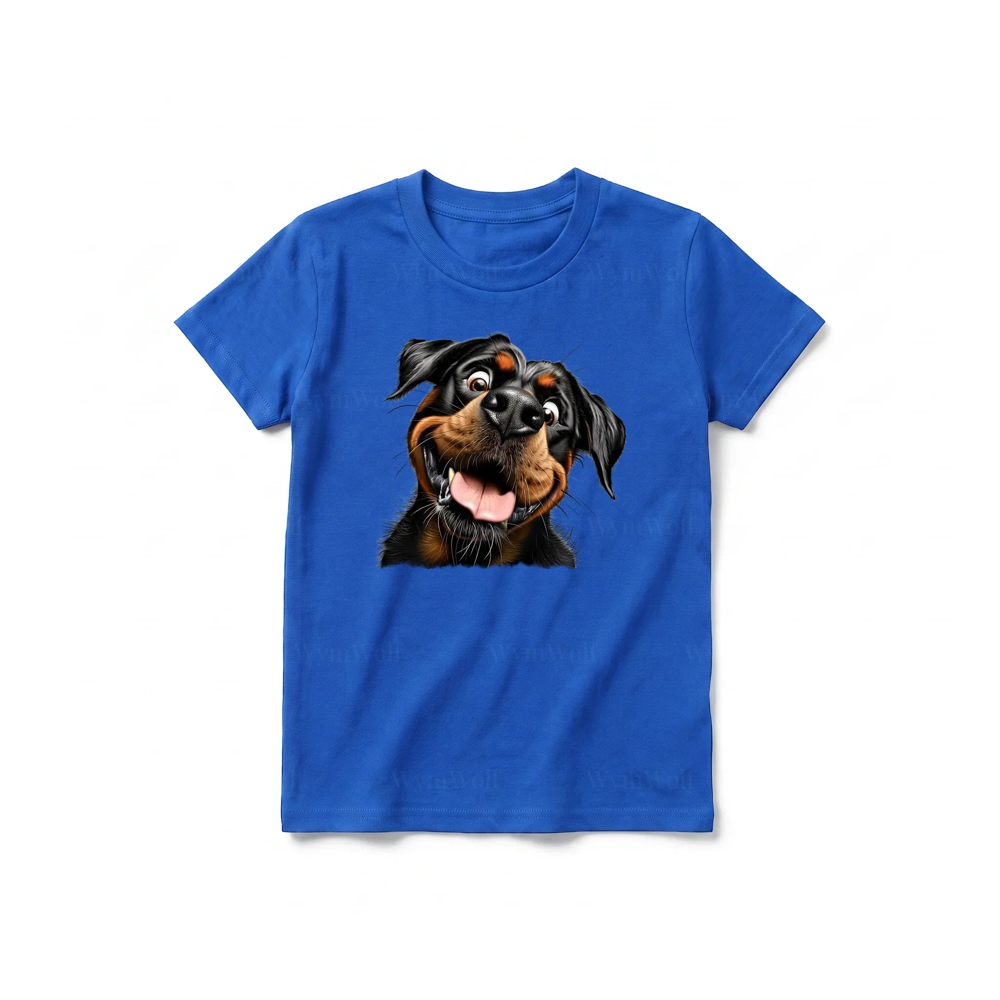 A royal short-sleeve crewneck t-shirt for youth featuring a graphic of a dog on the front.