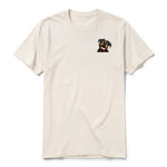 A vintage-white short-sleeve crewneck t-shirt for adult featuring a graphic of a dog on the left chest.