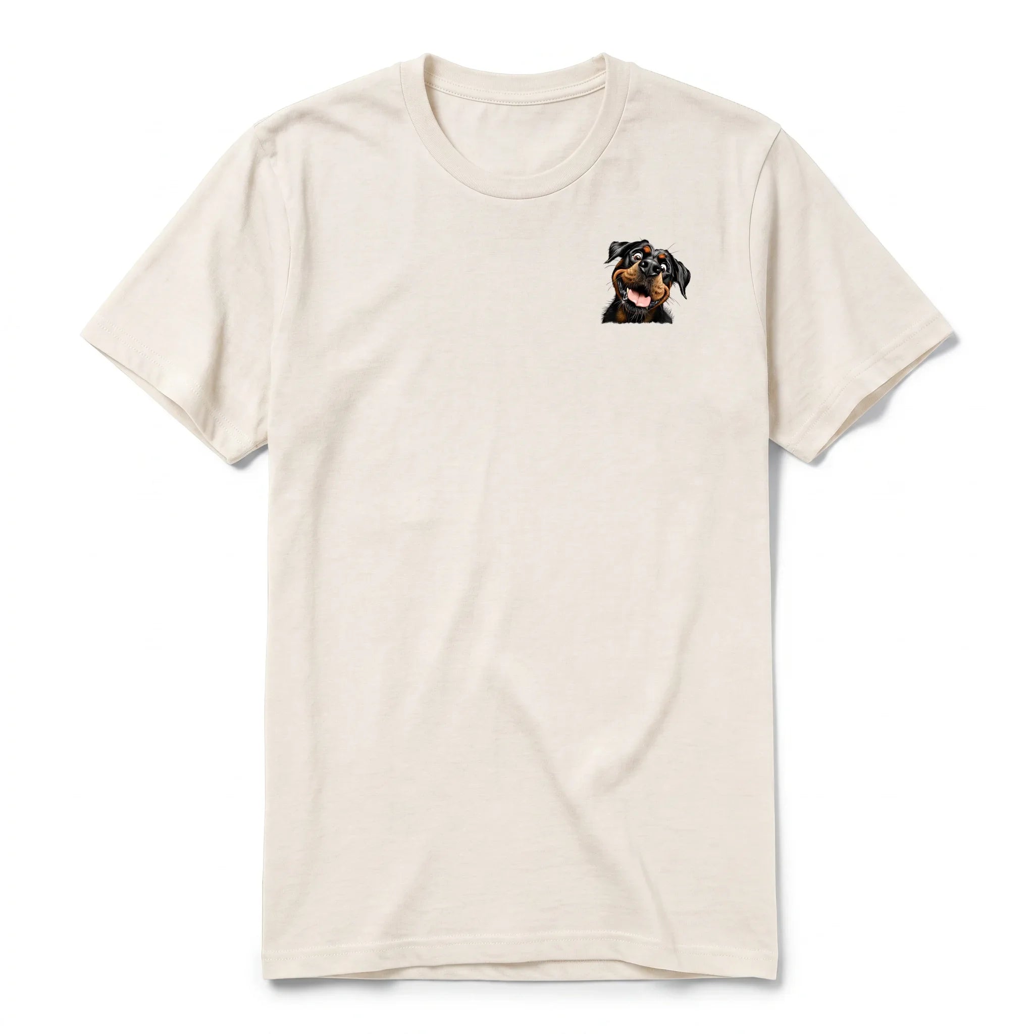 A vintage-white short-sleeve crewneck t-shirt for adult featuring a graphic of a dog on the left chest.