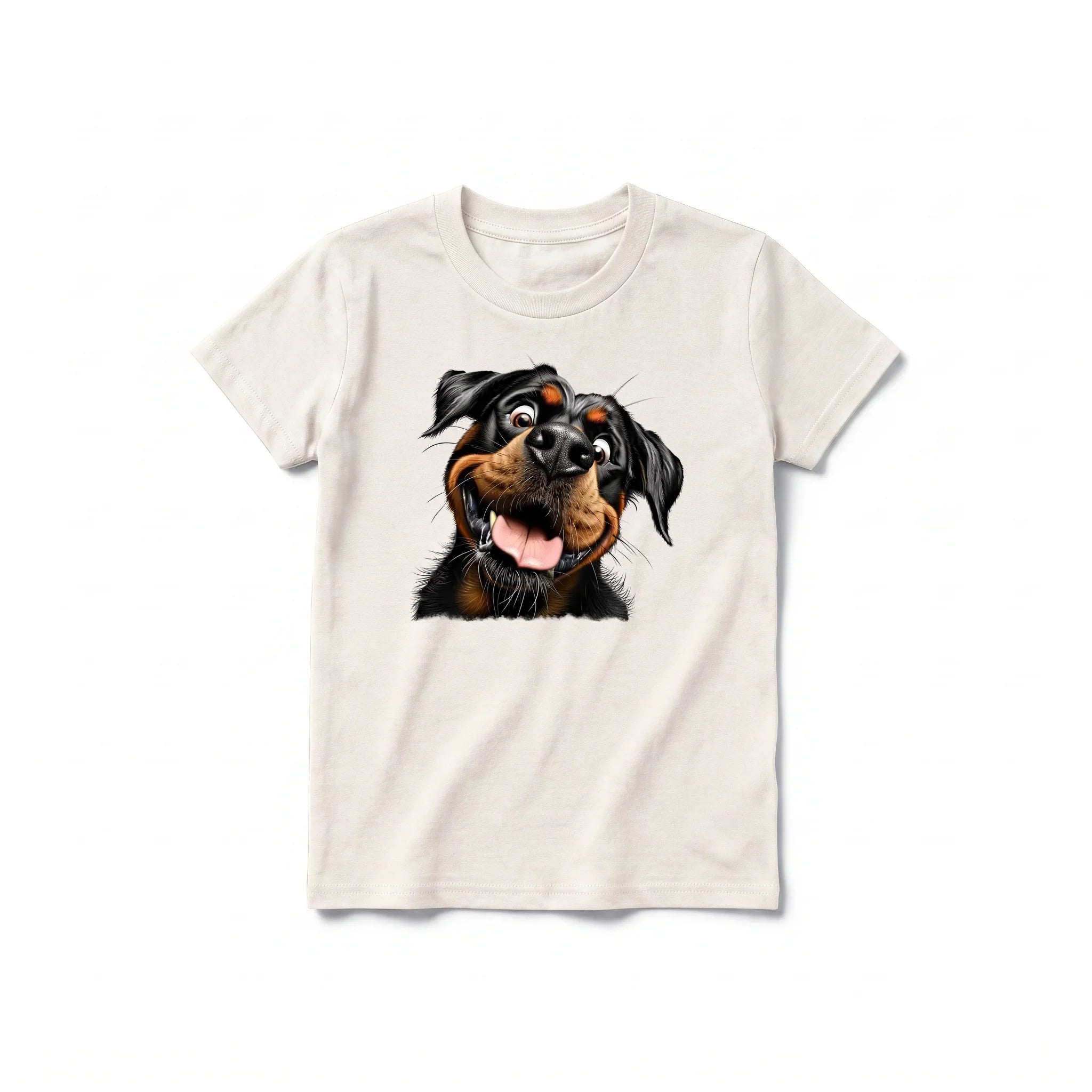 A vintage-white short-sleeve crewneck t-shirt for youth featuring a graphic of a dog on the front.