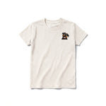 A vintage-white short-sleeve crewneck t-shirt for youth featuring a graphic of a dog on the left chest.
