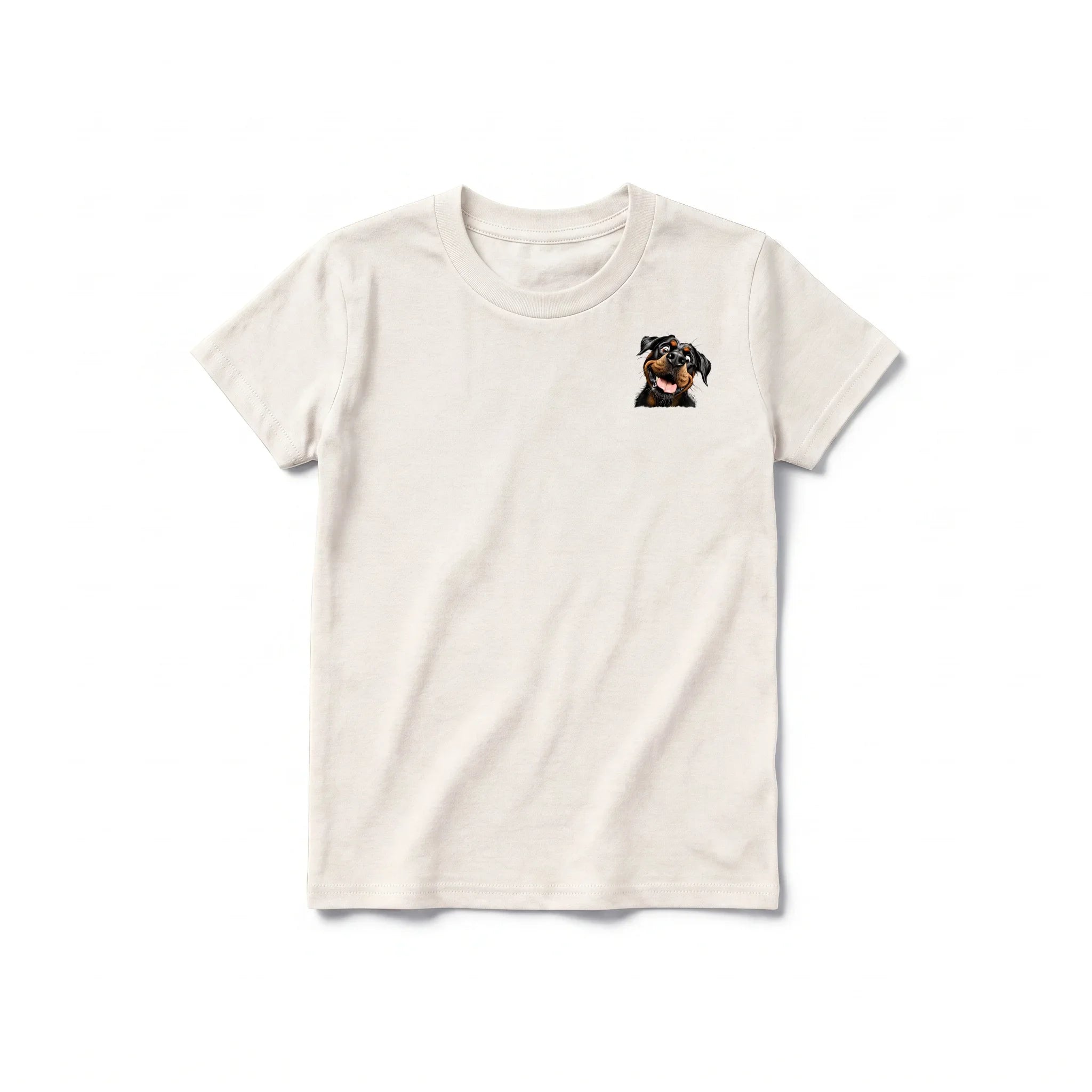 A vintage-white short-sleeve crewneck t-shirt for youth featuring a graphic of a dog on the left chest.