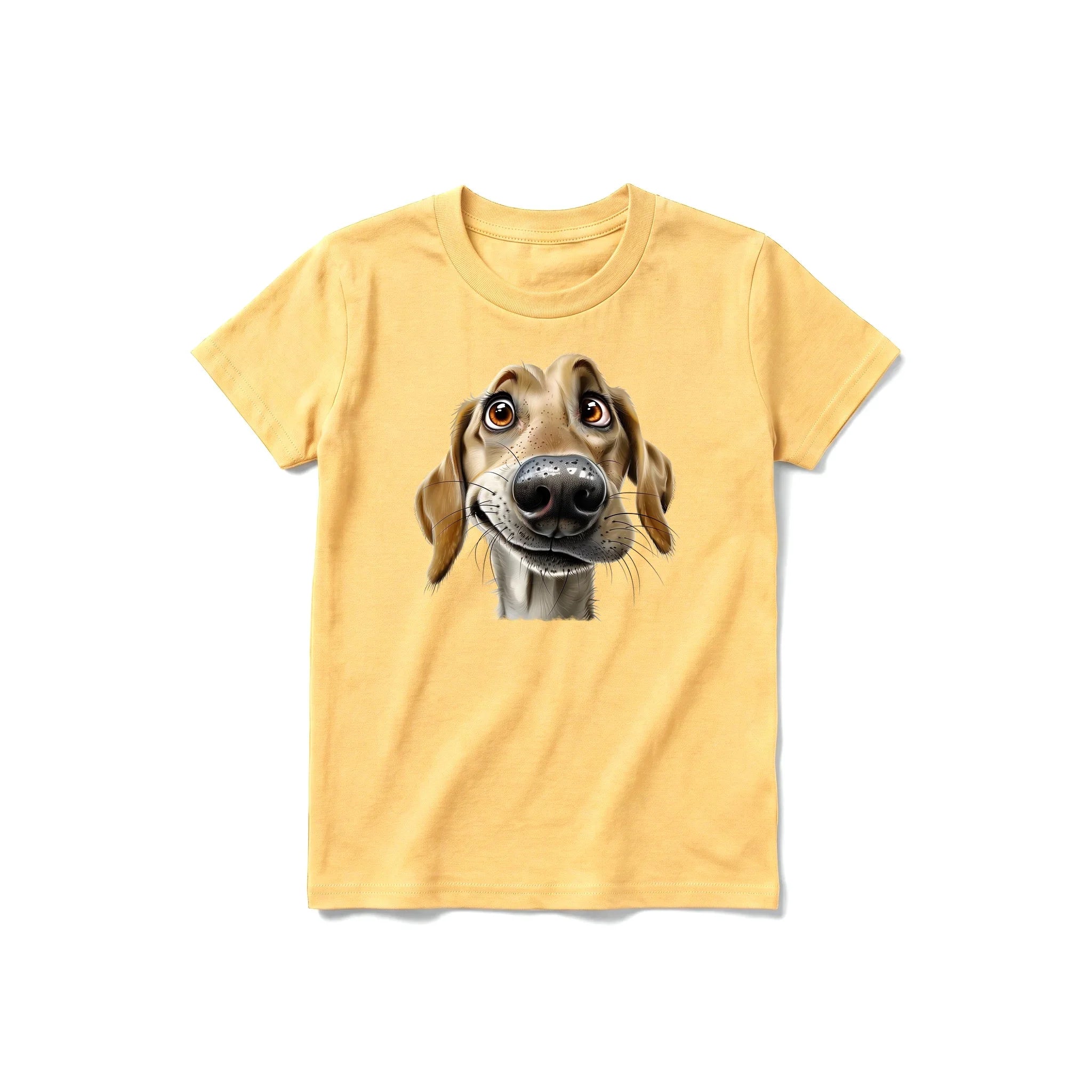 Un T-shirt moutarde à manches courtes et col rond pour jeune, orné d'un motif représentant un chien sur le devant.