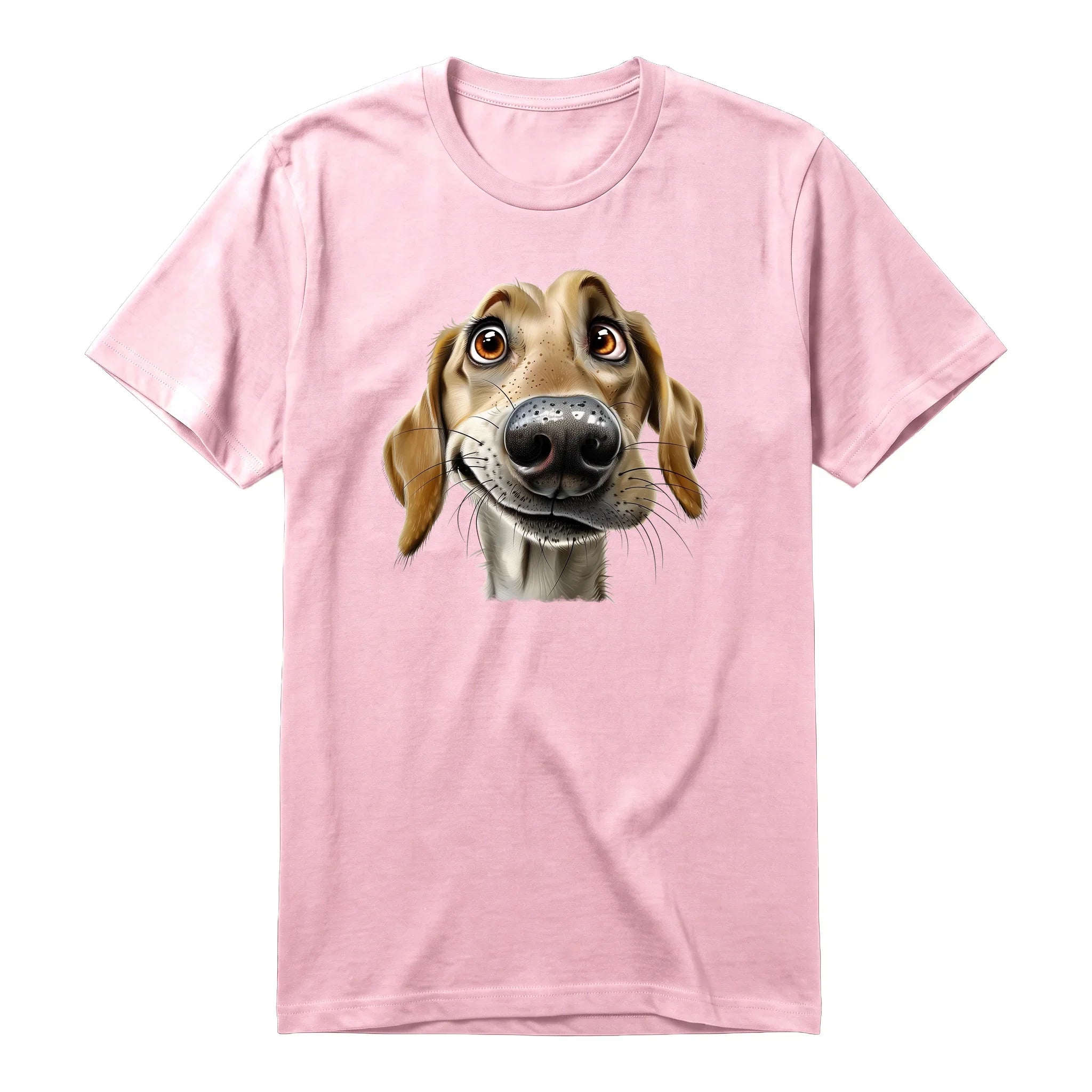A pink short-sleeve crewneck t-shirt for adult featuring a graphic of a dog on the front.