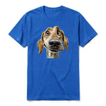 A royal short-sleeve crewneck t-shirt for adult featuring a graphic of a dog on the front.