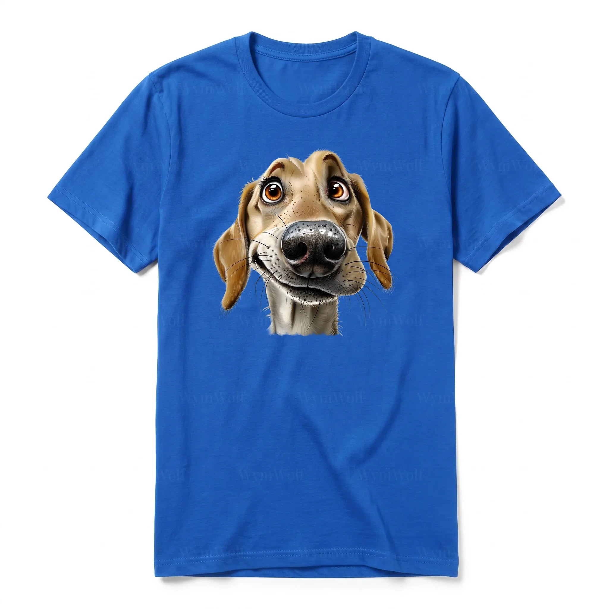 A royal short-sleeve crewneck t-shirt for adult featuring a graphic of a dog on the front.