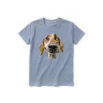 Un T-shirt steel-blue à manches courtes et col rond pour jeune, orné d'un motif représentant un chien sur le devant.