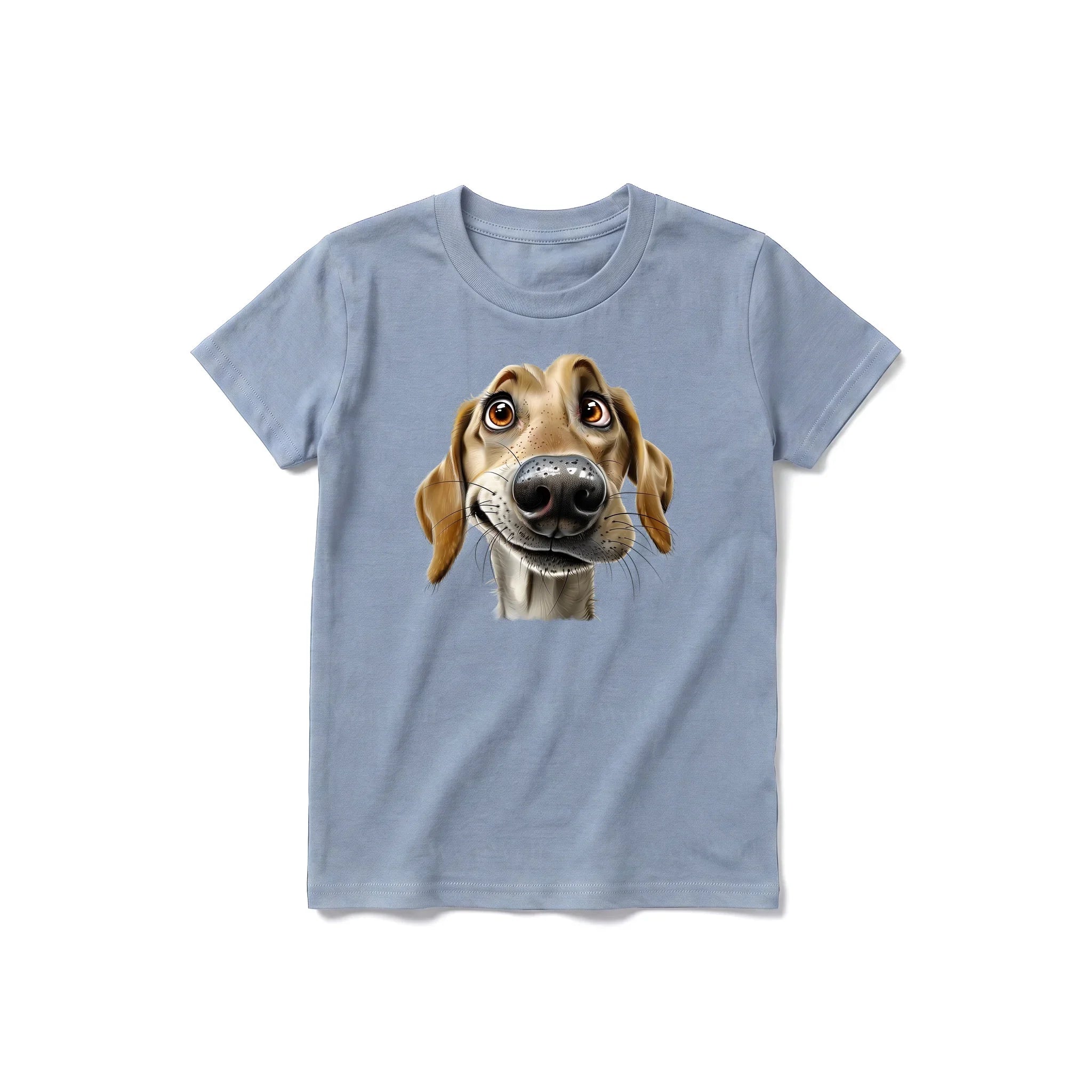 Un T-shirt steel-blue à manches courtes et col rond pour jeune, orné d'un motif représentant un chien sur le devant.