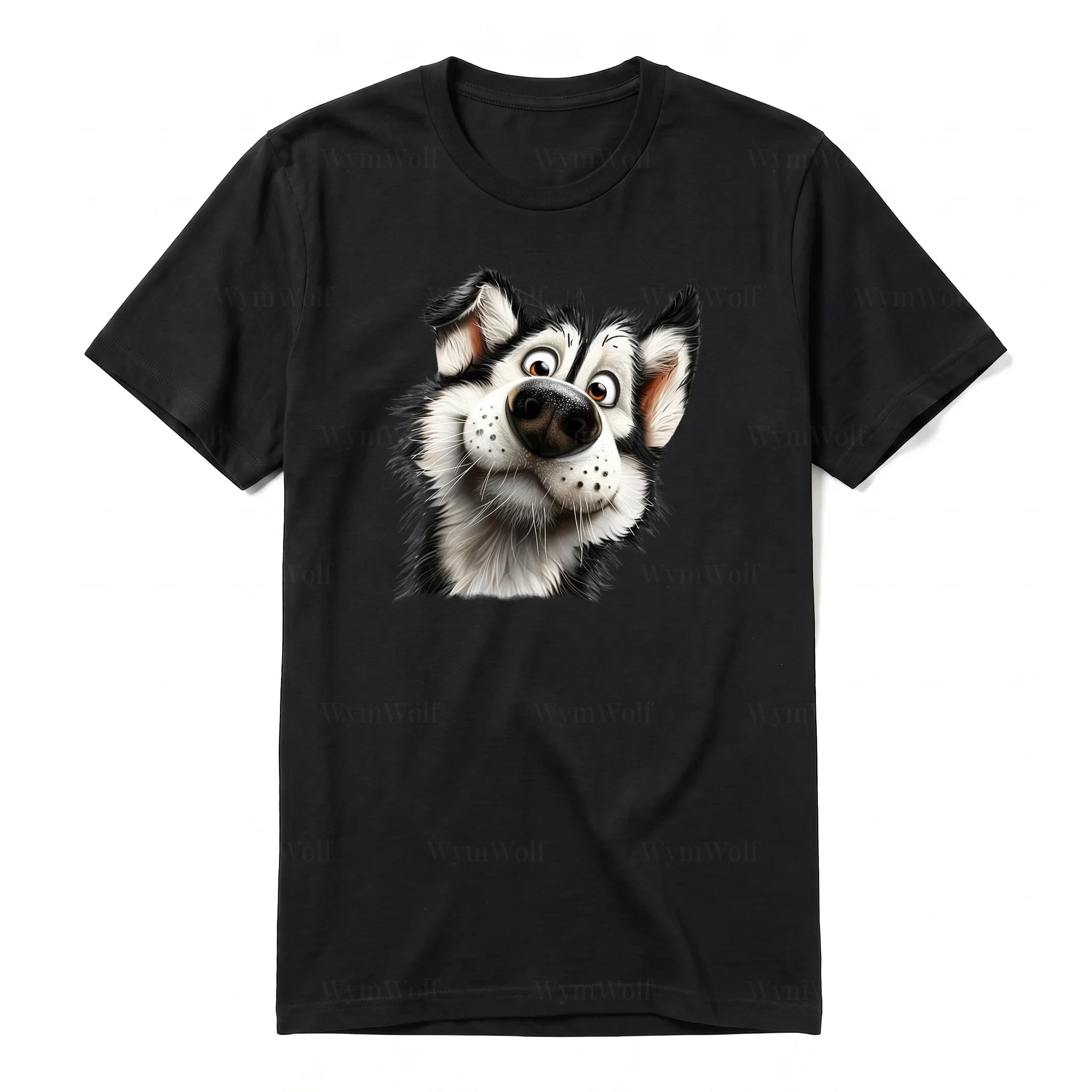 A black short-sleeve crewneck t-shirt for adult featuring a graphic of a dog on the front.