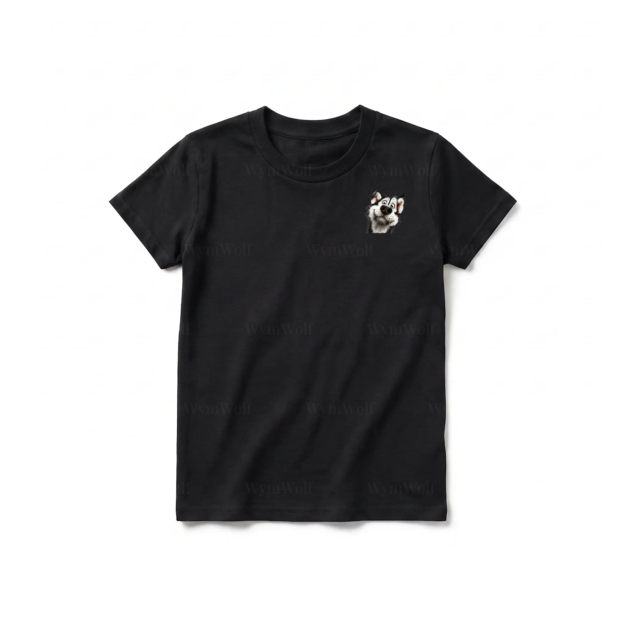 A black short-sleeve crewneck t-shirt for youth featuring a graphic of a dog on the left chest.