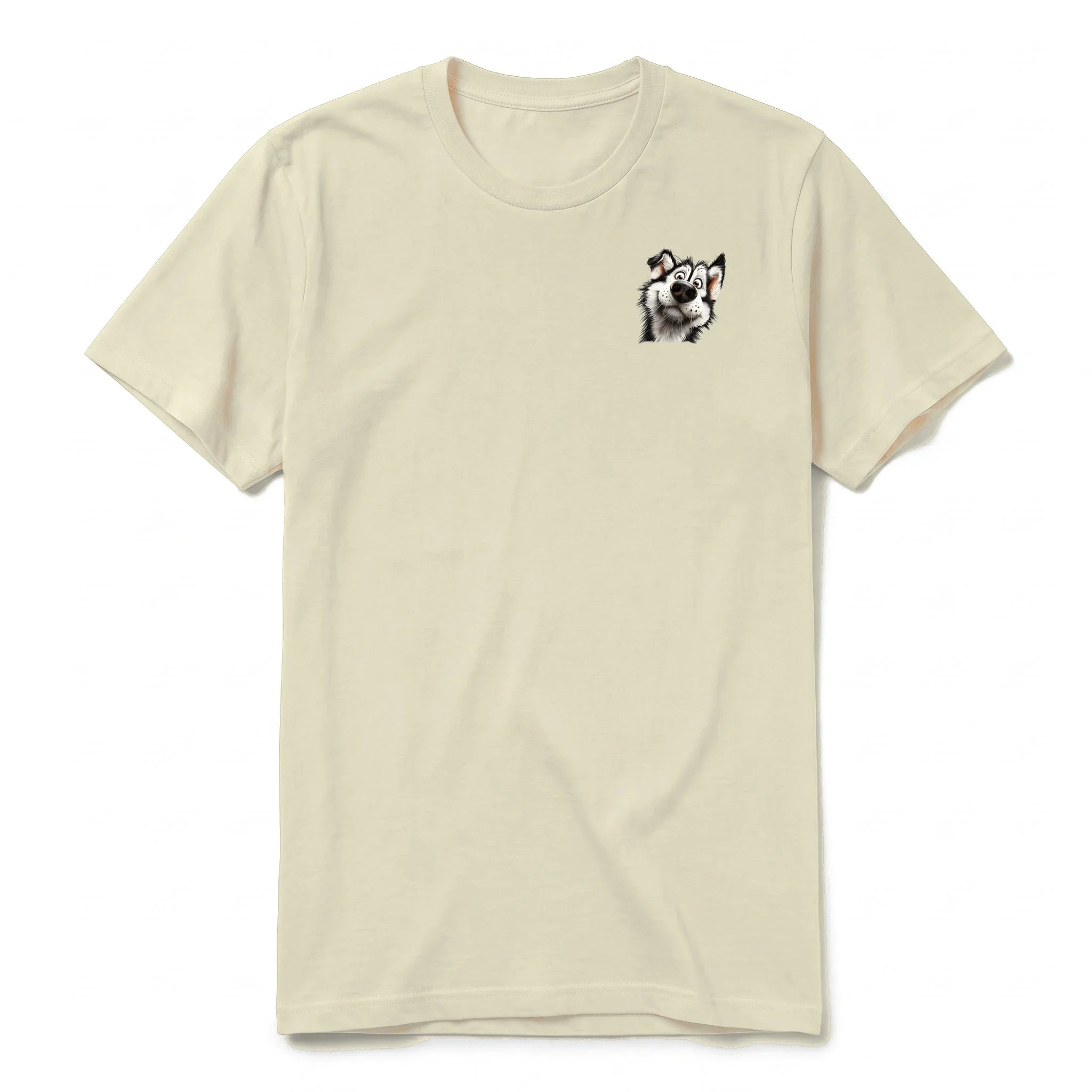 A latte short-sleeve crewneck t-shirt for adult featuring a graphic of a dog on the left chest.