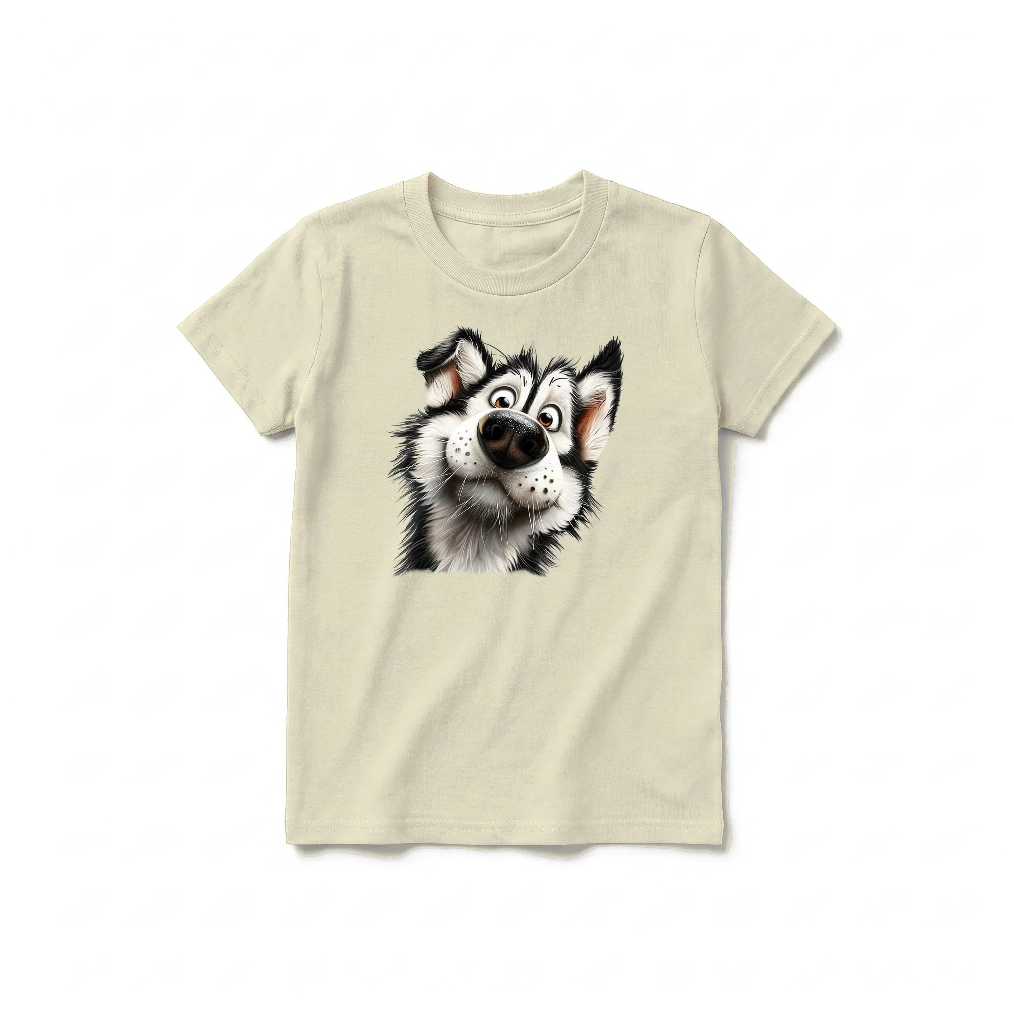 A latte short-sleeve crewneck t-shirt for youth featuring a graphic of a dog on the front.