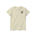 A latte short-sleeve crewneck t-shirt for youth featuring a graphic of a dog on the left chest.