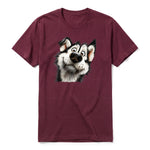 A maroon short-sleeve crewneck t-shirt for adult featuring a graphic of a dog on the front.