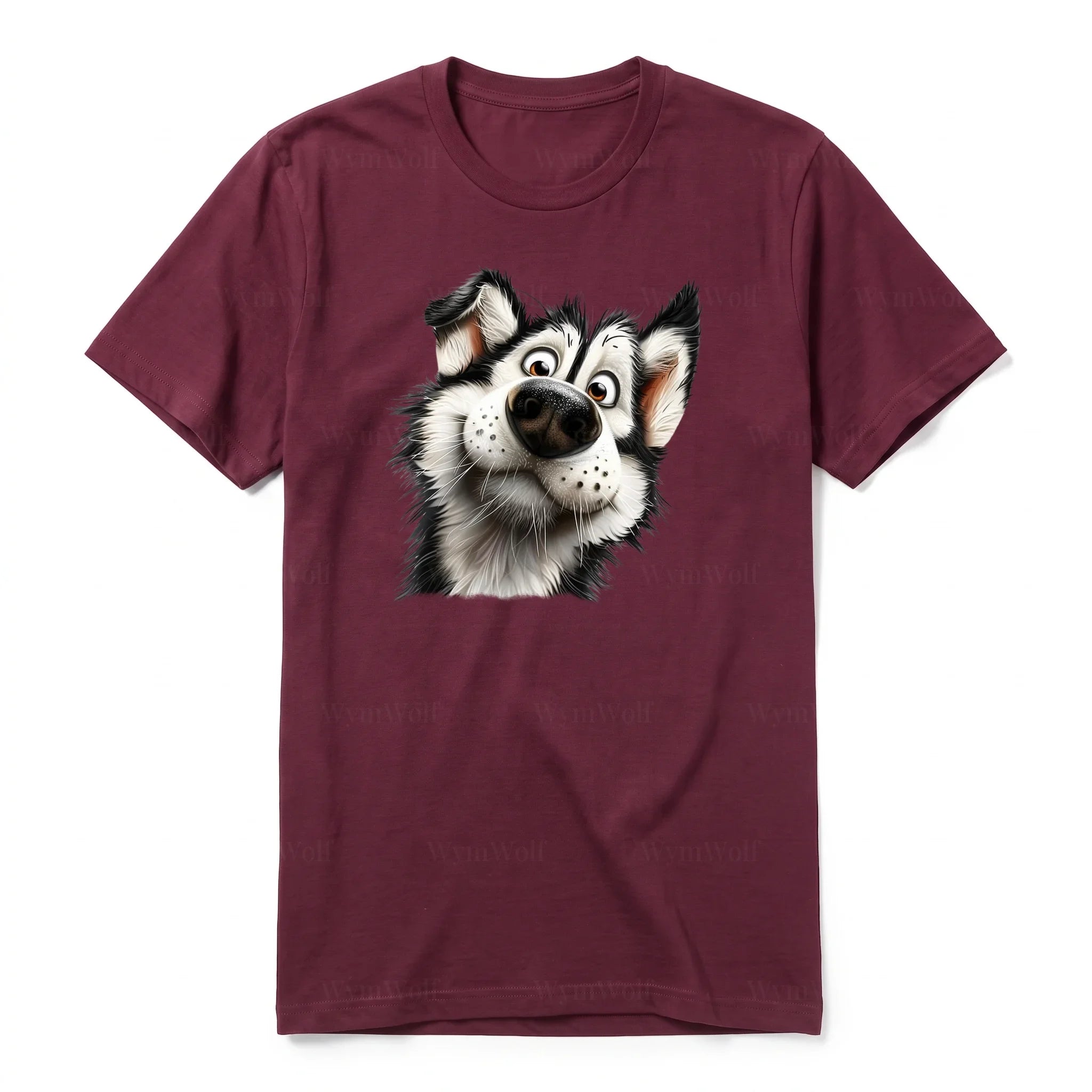 A maroon short-sleeve crewneck t-shirt for adult featuring a graphic of a dog on the front.