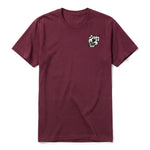 A maroon short-sleeve crewneck t-shirt for adult featuring a graphic of a dog on the left chest.