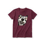A maroon short-sleeve crewneck t-shirt for youth featuring a graphic of a dog on the front.