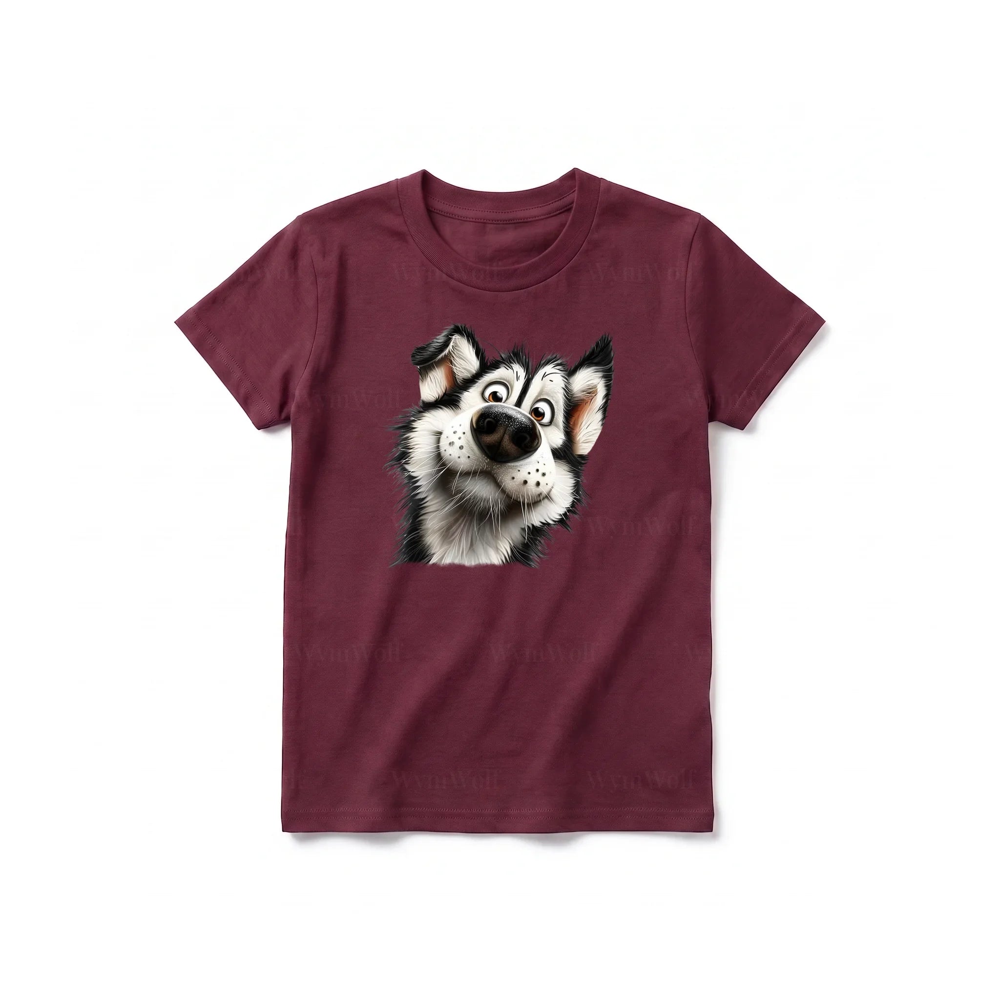 A maroon short-sleeve crewneck t-shirt for youth featuring a graphic of a dog on the front.