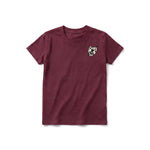 A maroon short-sleeve crewneck t-shirt for youth featuring a graphic of a dog on the left chest.