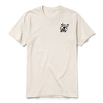 A vintage-white short-sleeve crewneck t-shirt for adult featuring a graphic of a dog on the left chest.