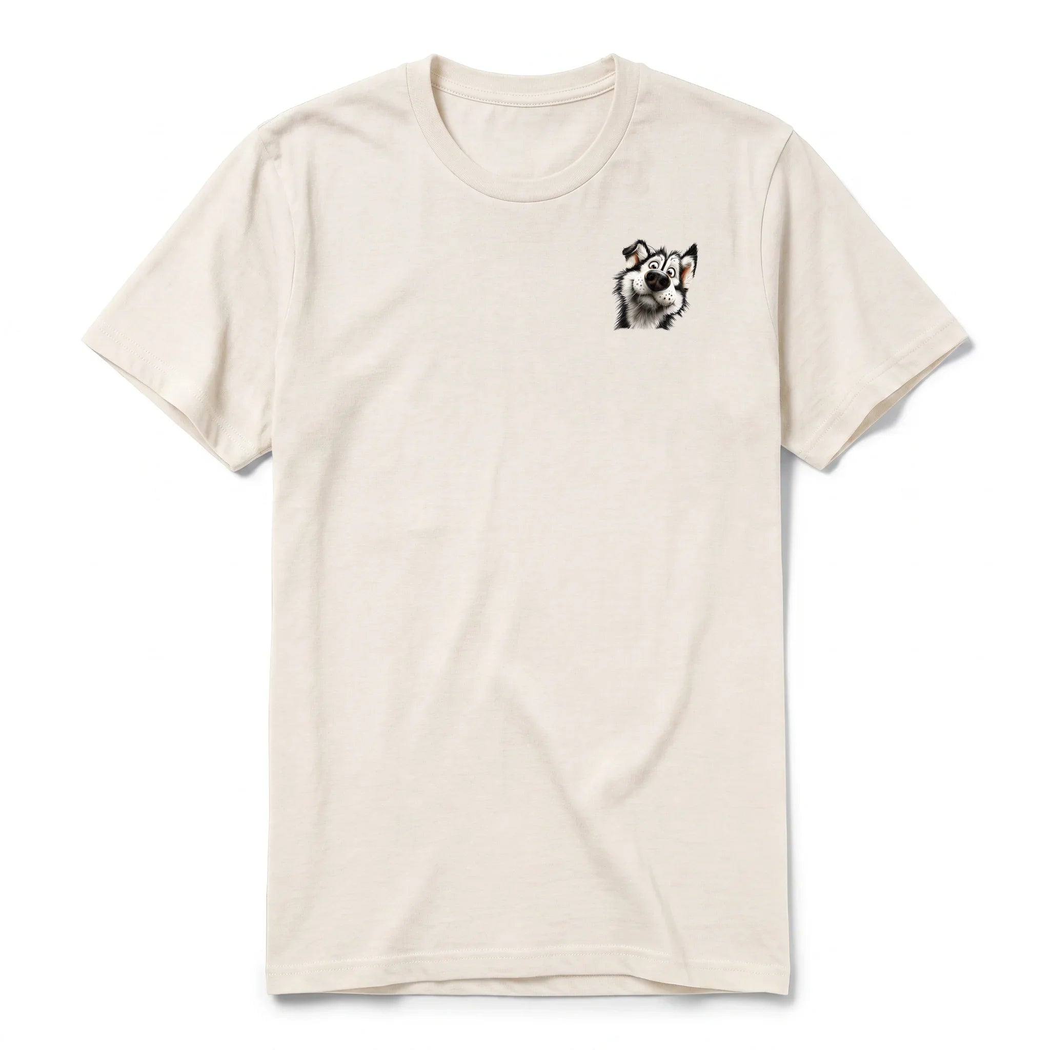 A vintage-white short-sleeve crewneck t-shirt for adult featuring a graphic of a dog on the left chest.