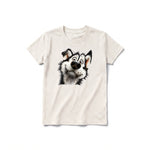 A vintage-white short-sleeve crewneck t-shirt for youth featuring a graphic of a dog on the front.