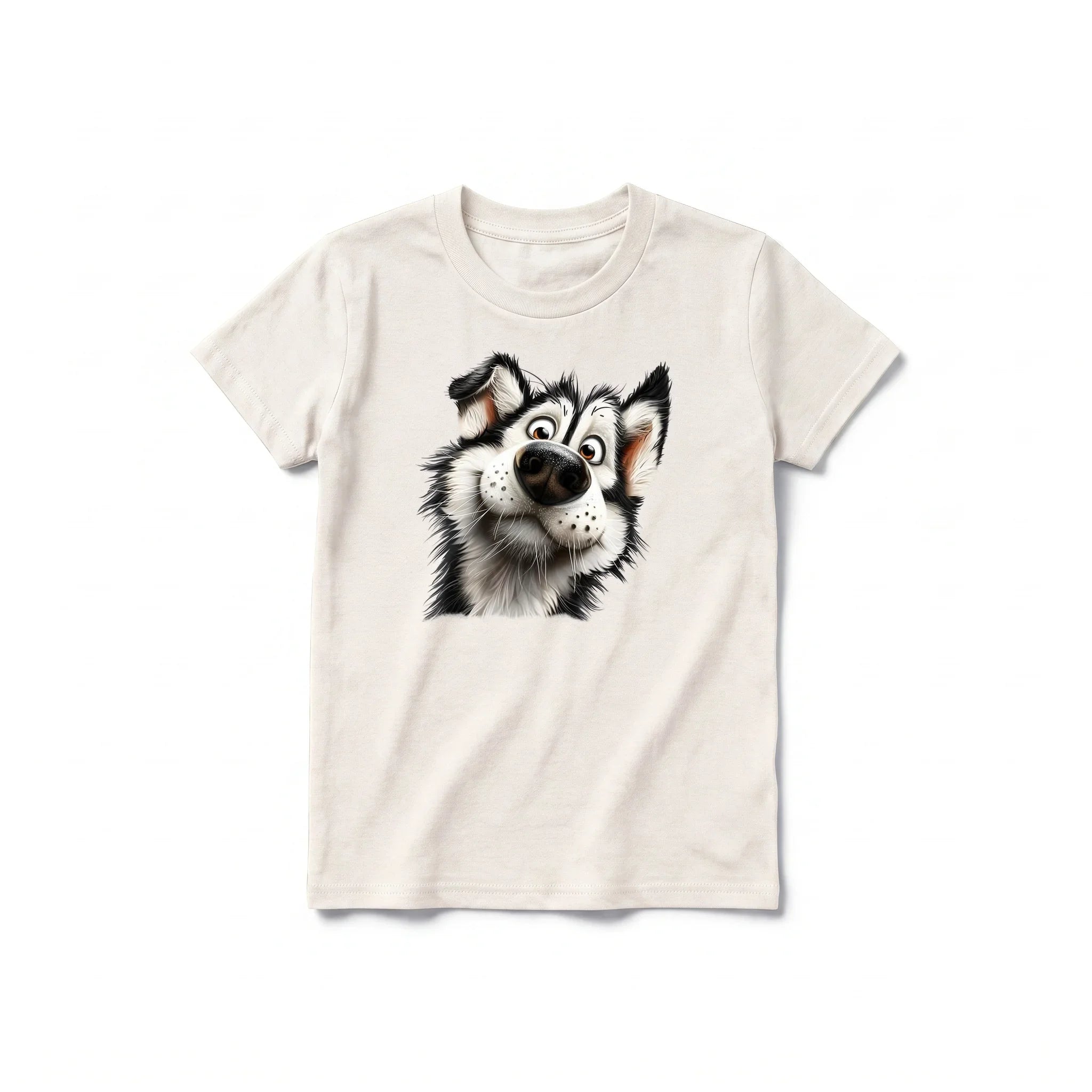 A vintage-white short-sleeve crewneck t-shirt for youth featuring a graphic of a dog on the front.