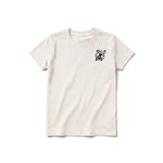 A vintage-white short-sleeve crewneck t-shirt for youth featuring a graphic of a dog on the left chest.