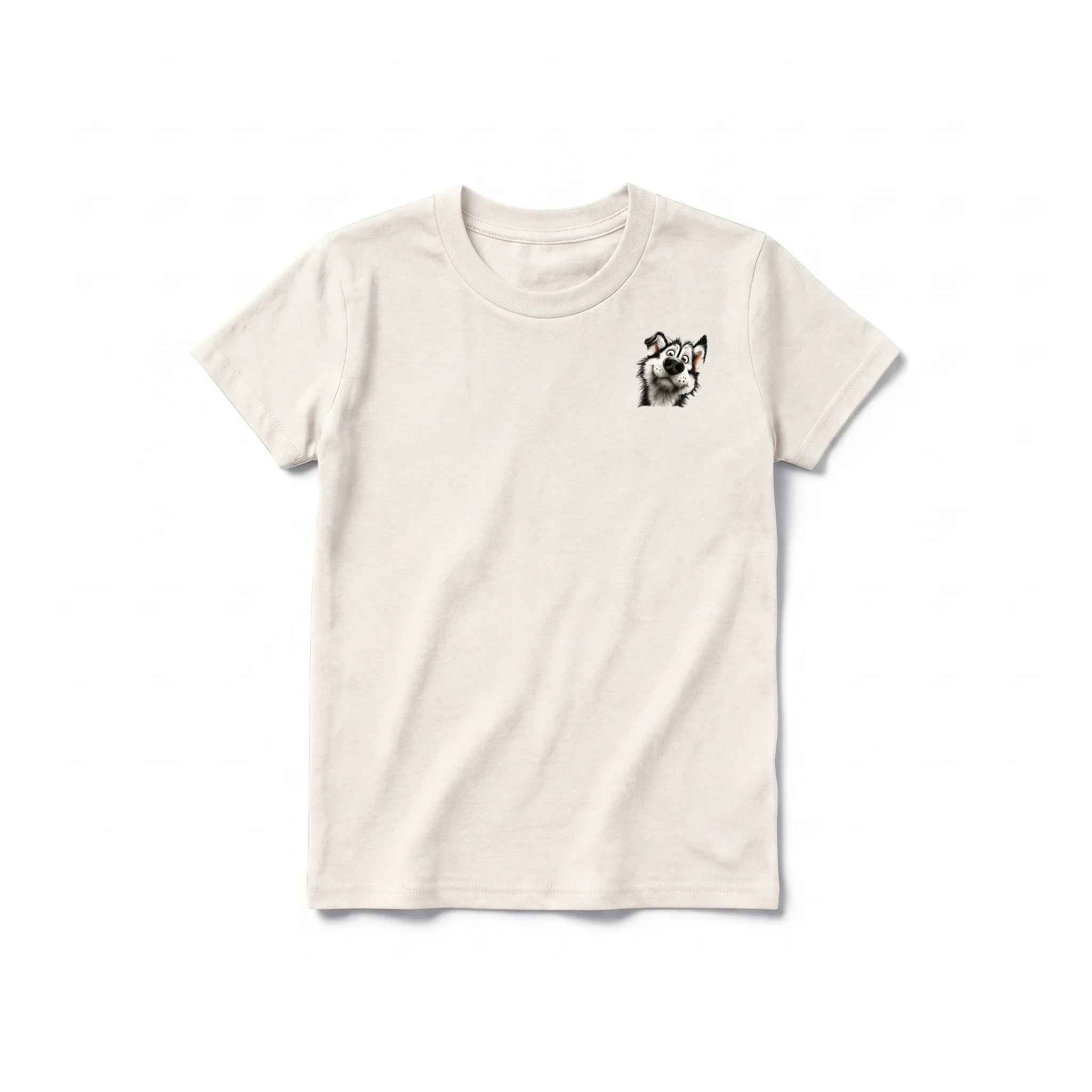 A vintage-white short-sleeve crewneck t-shirt for youth featuring a graphic of a dog on the left chest.