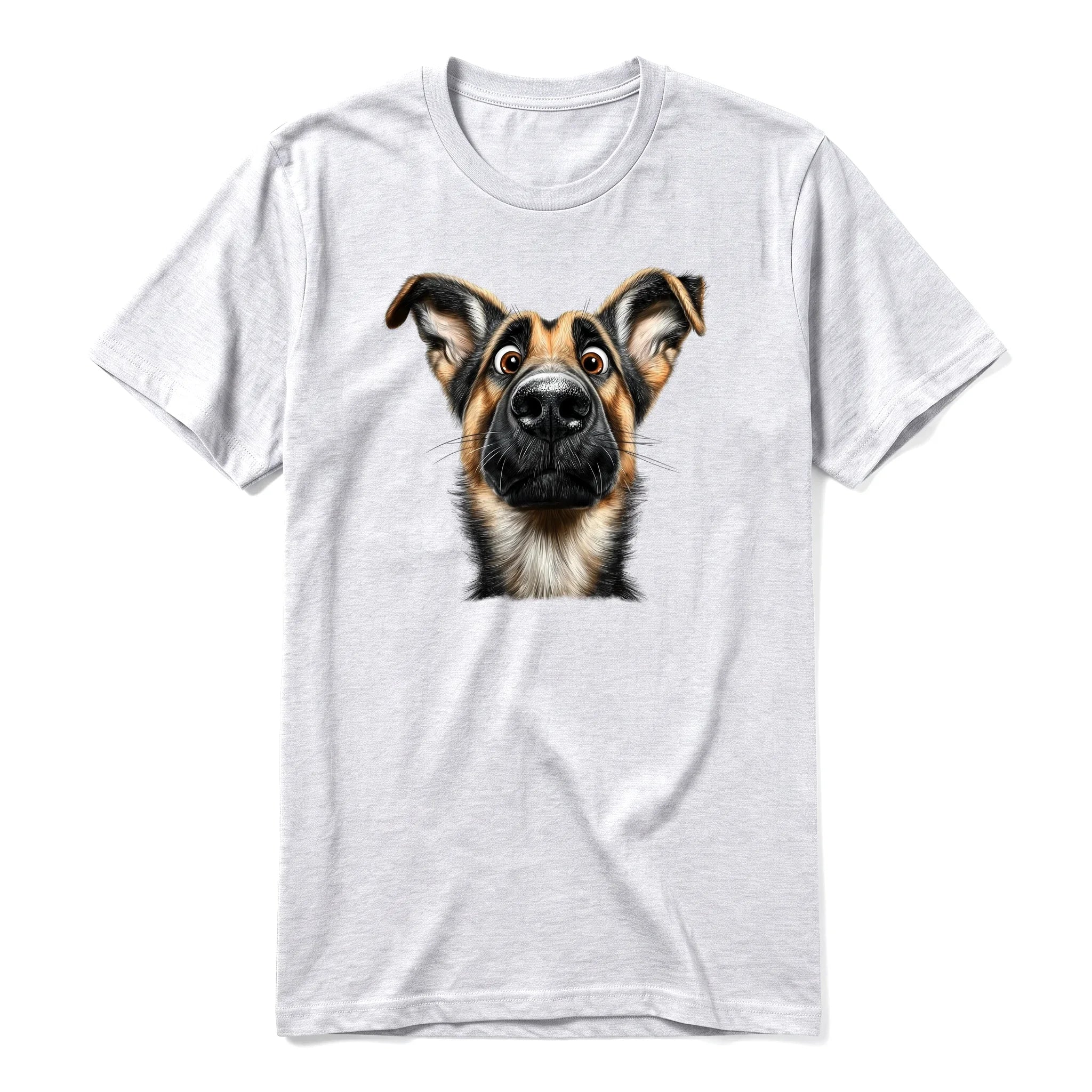 A ash grey short-sleeve crewneck t-shirt for adult featuring a graphic of a dog on the front.