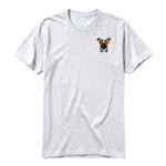 A ash grey short-sleeve crewneck t-shirt for adult featuring a graphic of a dog on the left chest.