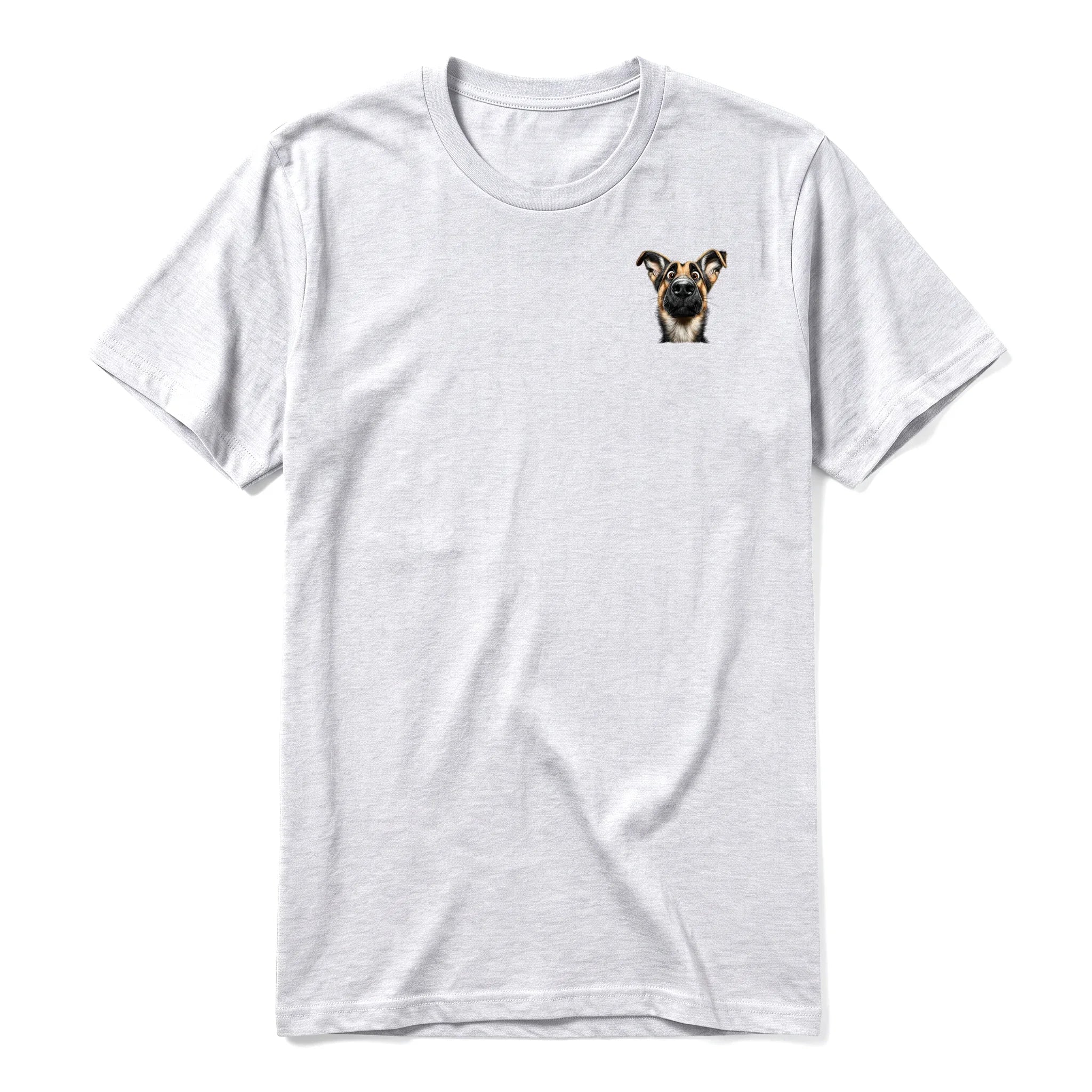 A ash grey short-sleeve crewneck t-shirt for adult featuring a graphic of a dog on the left chest.