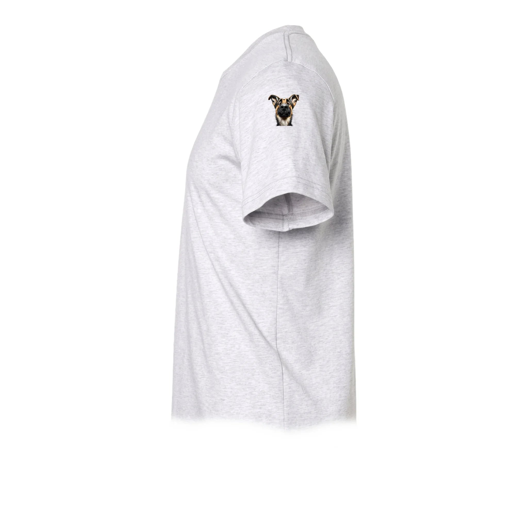 A ash grey short-sleeve crewneck t-shirt  featuring a small graphic of a dog on the upper left sleeve.