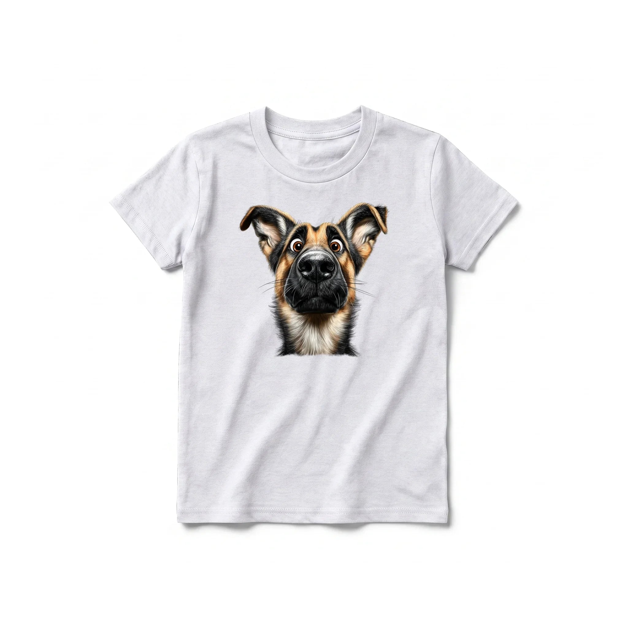 A ash grey short-sleeve crewneck t-shirt for youth featuring a graphic of a dog on the front.