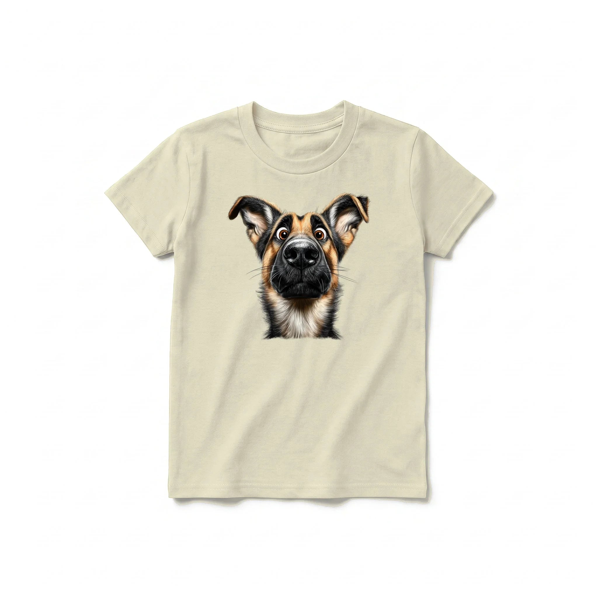 Un T-shirt latte à manches courtes et col rond pour jeune, orné d'un motif représentant un chien sur le devant.
