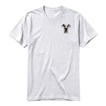 A ash grey short-sleeve crewneck t-shirt for adult featuring a graphic of a dog on the left chest.
