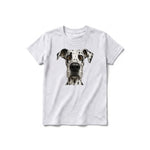 A ash grey short-sleeve crewneck t-shirt for youth featuring a graphic of a dog on the front.