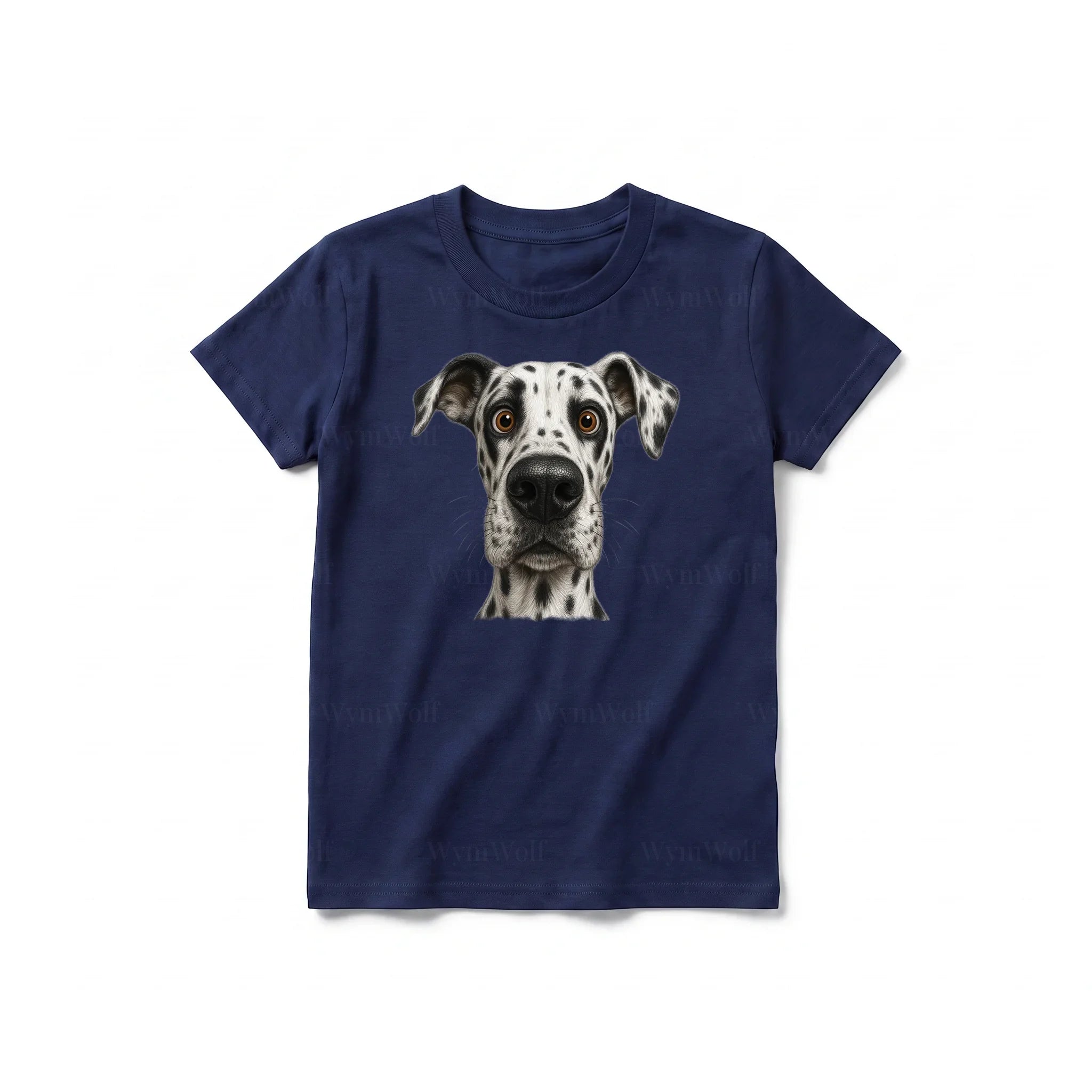 Un T-shirt marine à manches courtes et col rond pour jeune, orné d'un motif représentant un chien sur le devant.