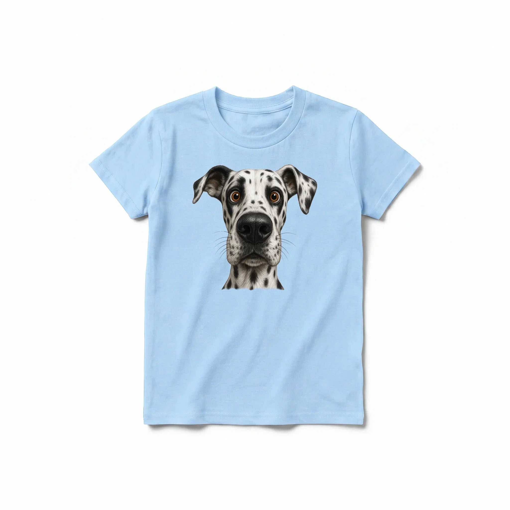 Un T-shirt poudre à manches courtes et col rond pour jeune, orné d'un motif représentant un chien sur le devant.
