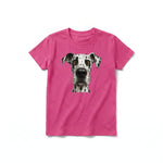 A raspberry short-sleeve crewneck t-shirt for youth featuring a graphic of a dog on the front.