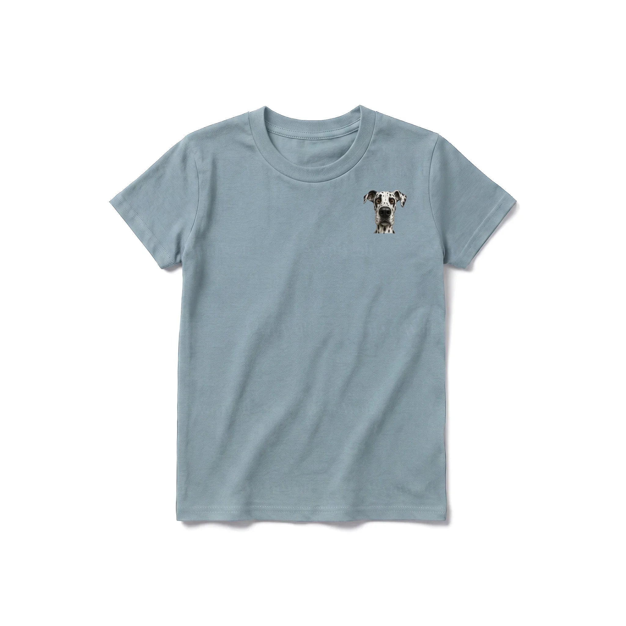 A sage short-sleeve crewneck t-shirt for youth featuring a graphic of a dog on the left chest.
