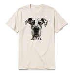 A vintage-white short-sleeve crewneck t-shirt for adult featuring a graphic of a dog on the front.