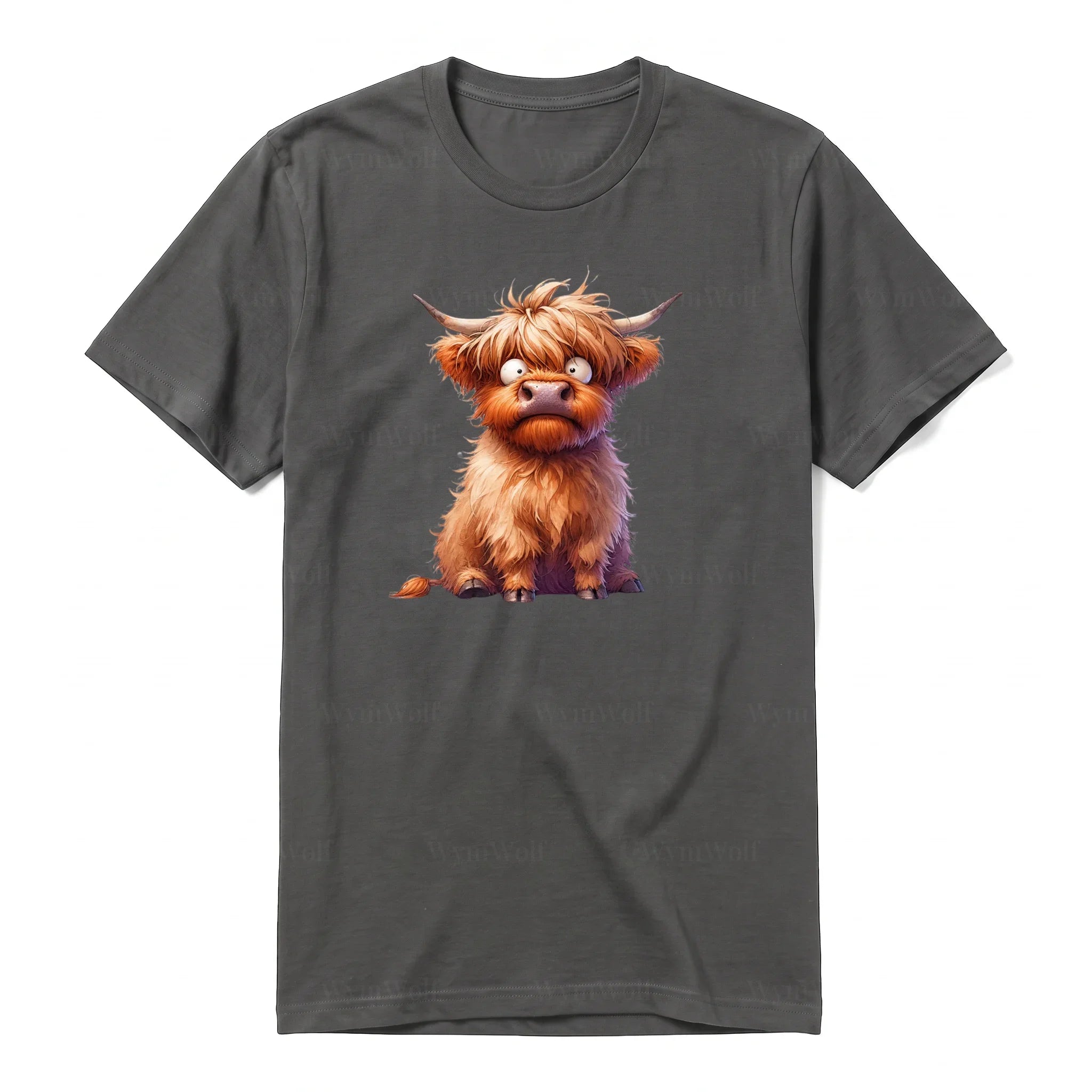 A charcoal short-sleeve crewneck t-shirt for adult featuring a graphic of a farm animal on the front.