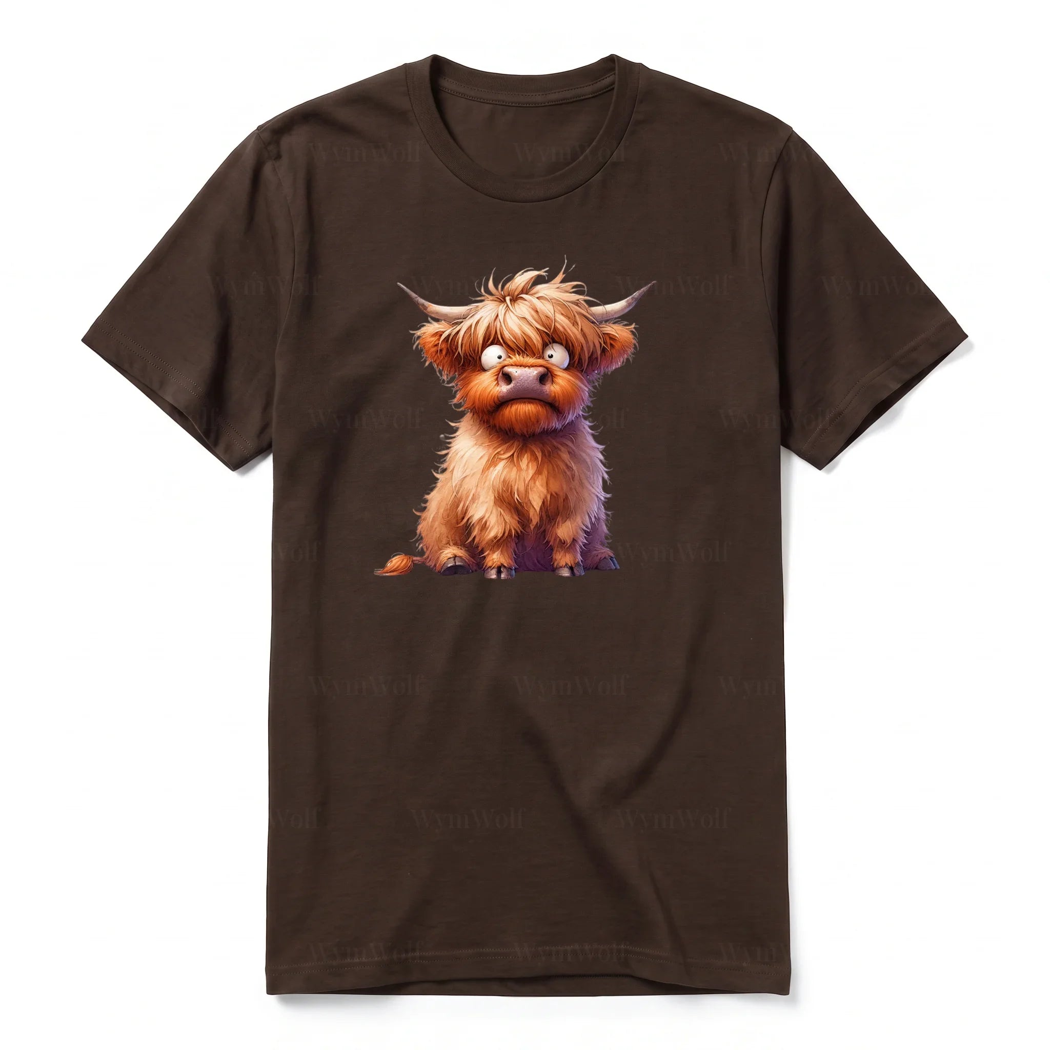 A chocolate short-sleeve crewneck t-shirt for adult featuring a graphic of a farm animal on the front.