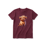 A maroon short-sleeve crewneck t-shirt for youth featuring a graphic of a farm animal on the front.