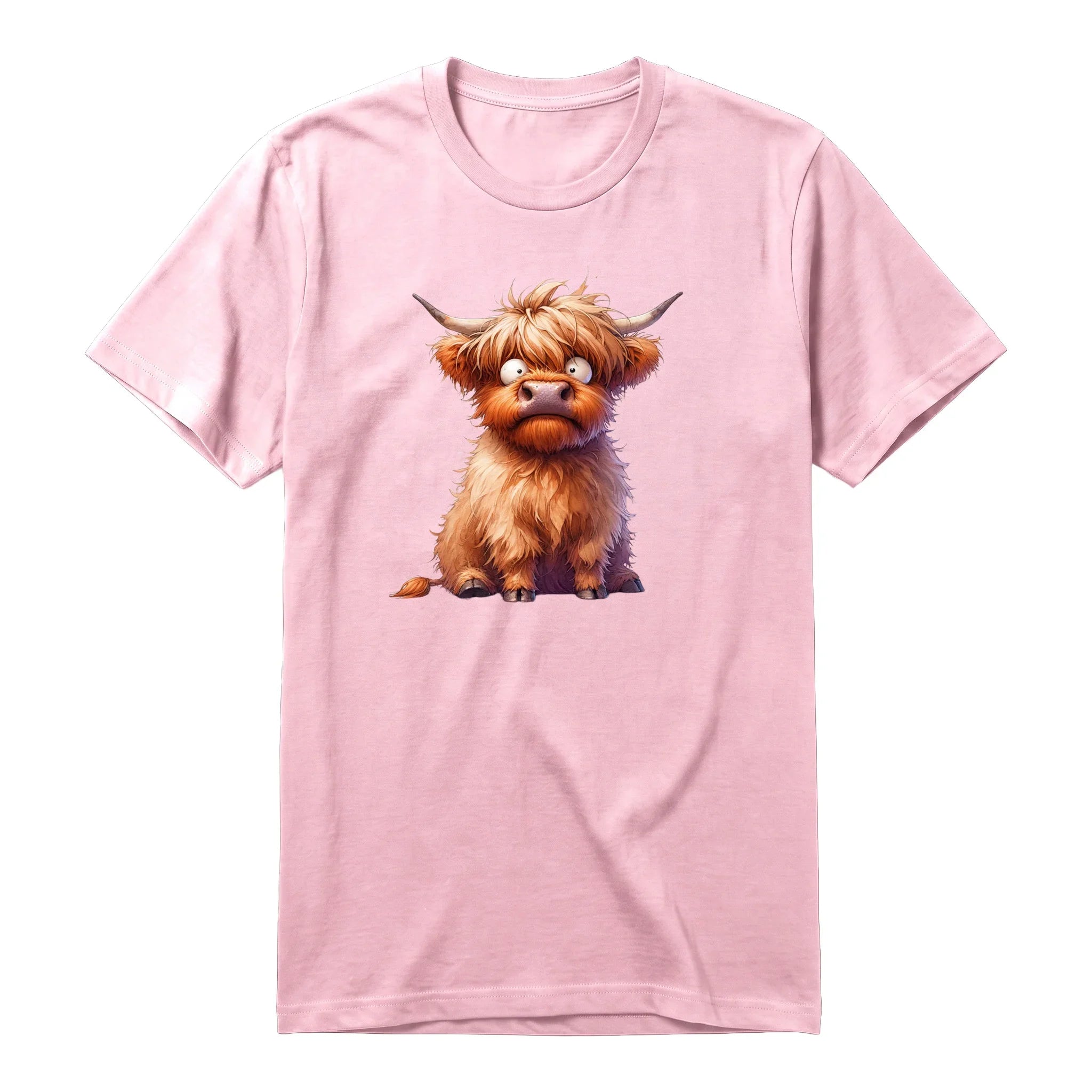A pink short-sleeve crewneck t-shirt for adult featuring a graphic of a farm animal on the front.